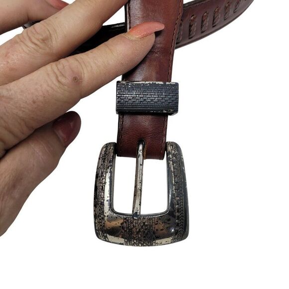Vtg 90s Mens Cognac Brown Leather Belt Sz 34 Braided Inlay Silver Distressed Buc - Picture 2 of 16